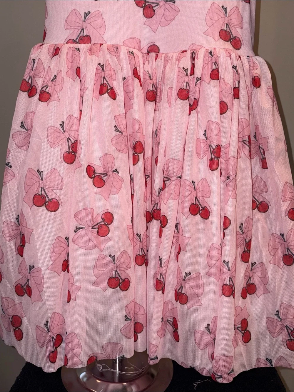 Lola and the Boys Cherry Bows Tulle Dress Pink Girls Size 6T Puff Sleeve
